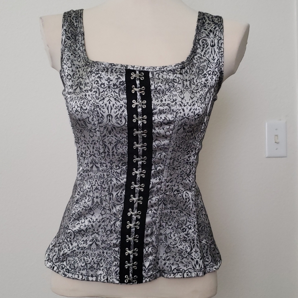Silver Black Brocade Corset Goth Victorian